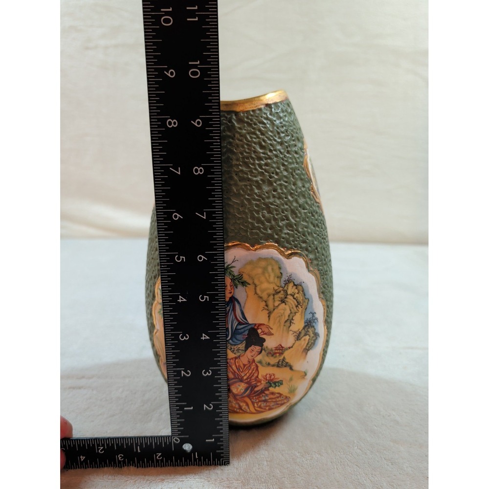 Vintage Japanese Satsuma Style Textured Green Lava Glaze Gilt Porcelain Vase - Picture 11 of 12
